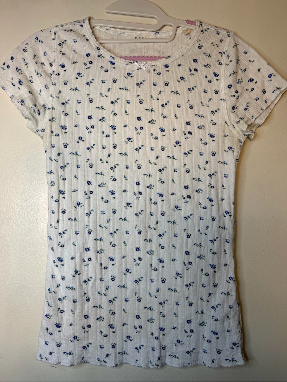 DÔEN Floral Pointelle Baby Tee Size Small Blue Floral 100% Cotton
